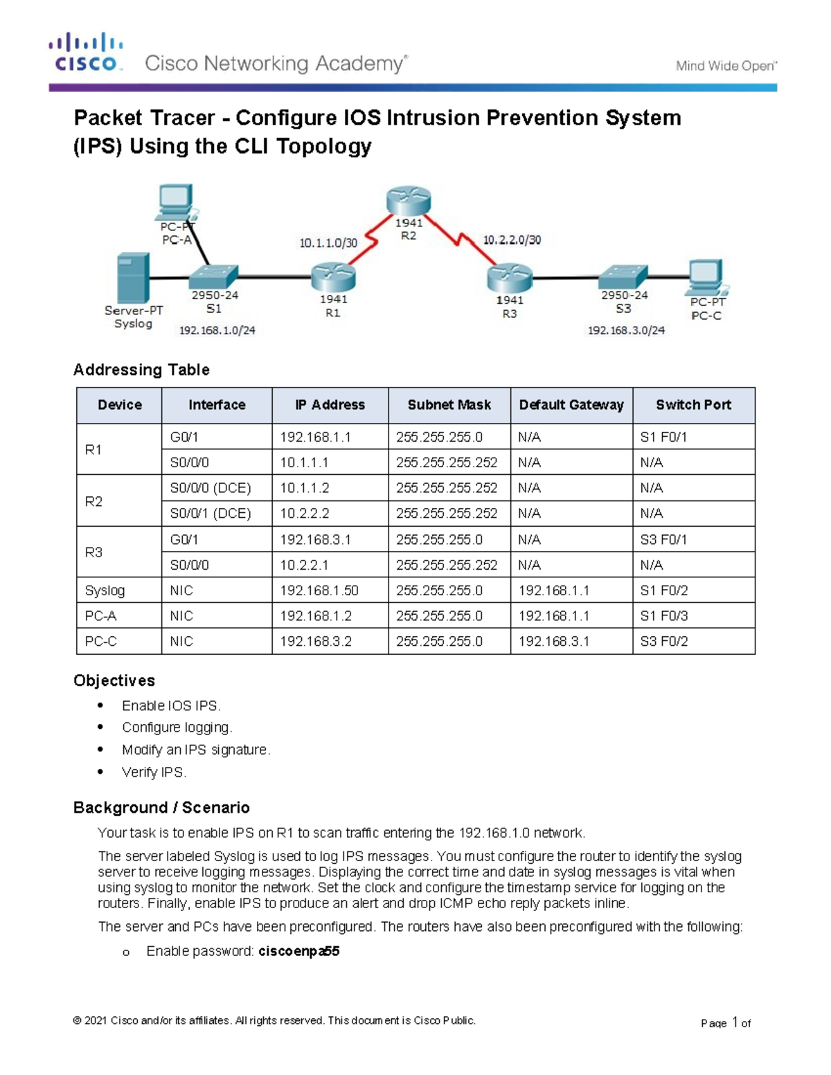5.4.1.2 Packet Tracer - Configuring IOS IPS with CLI Instructions - Studocu