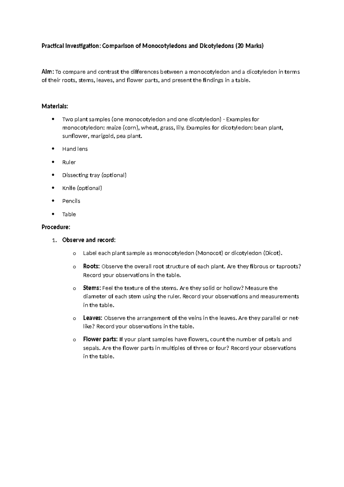 Monocot vs Dicot Analysis: Practical Investigation Guide - Studocu