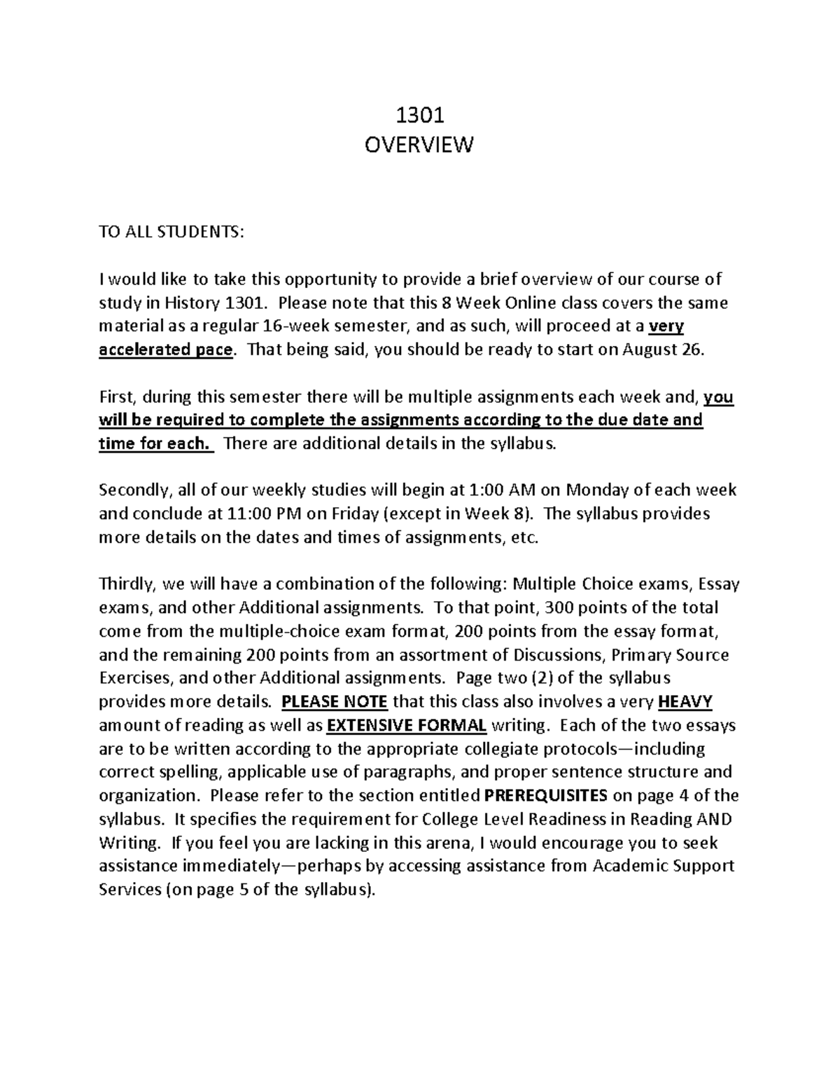Overview of History 1301 Fall 2024: Important Course Details - Studocu