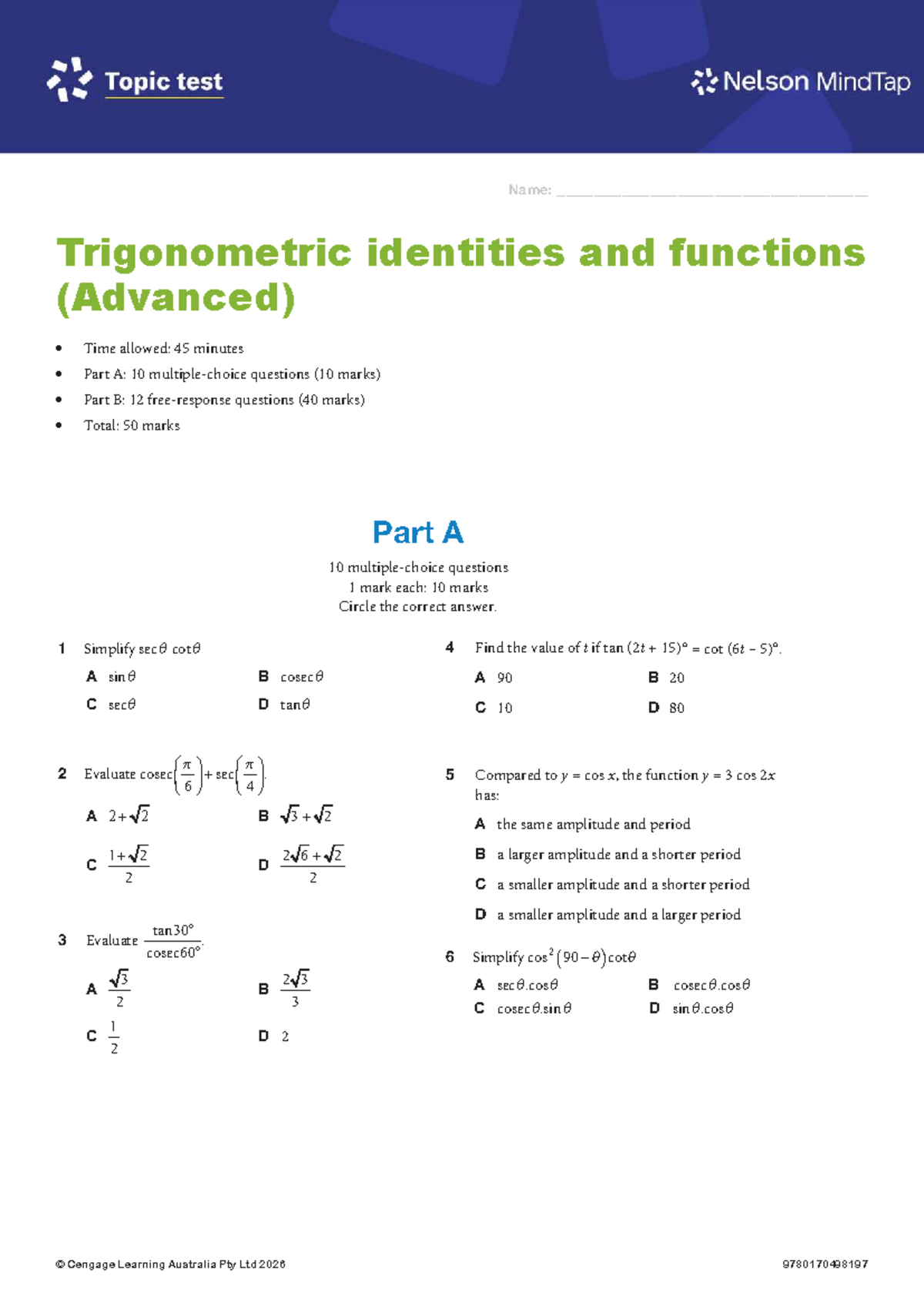 Topic Test: Trigonometric Identities & Equations (Chapter 9) - Studocu