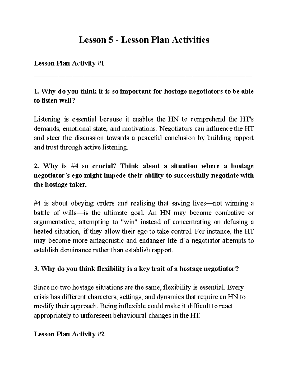 Lesson 5 - Hostage Negotiation Strategies and Activities - Studocu