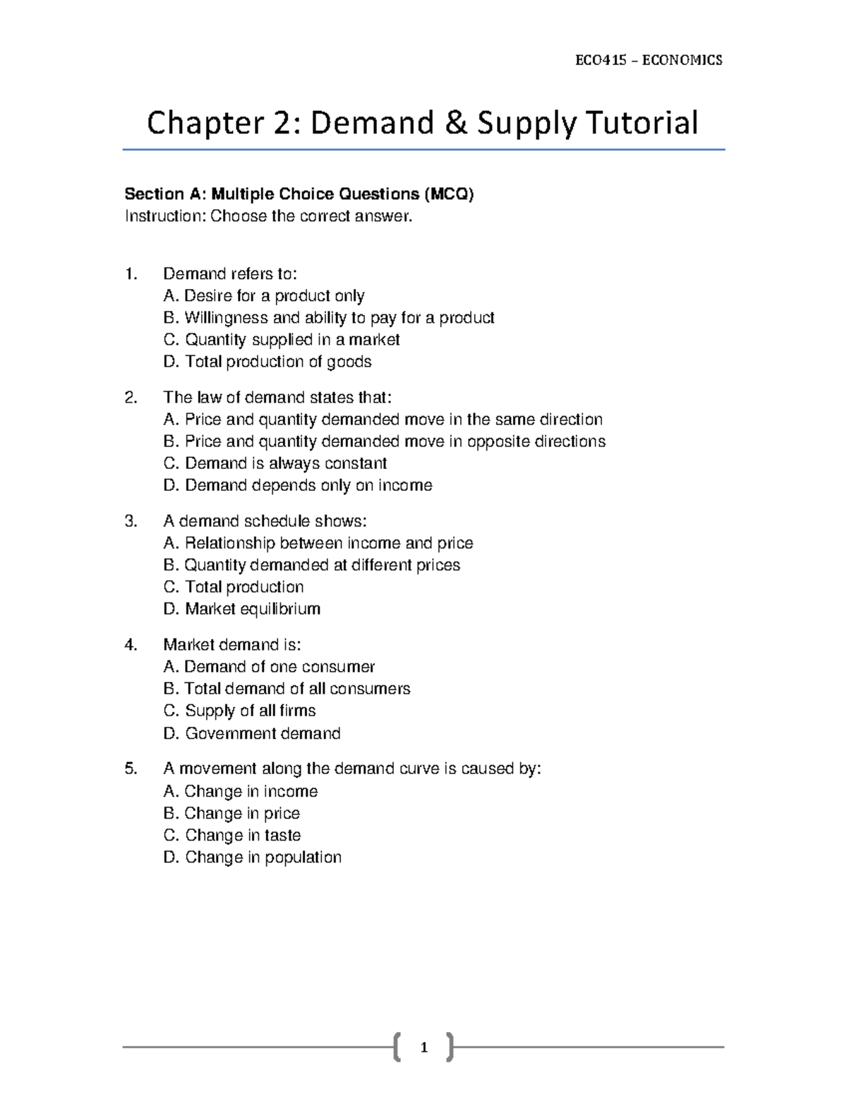 ECO415 ECONOMICS Chapter 2 Demand & Supply MCQ Tutorial - Studocu