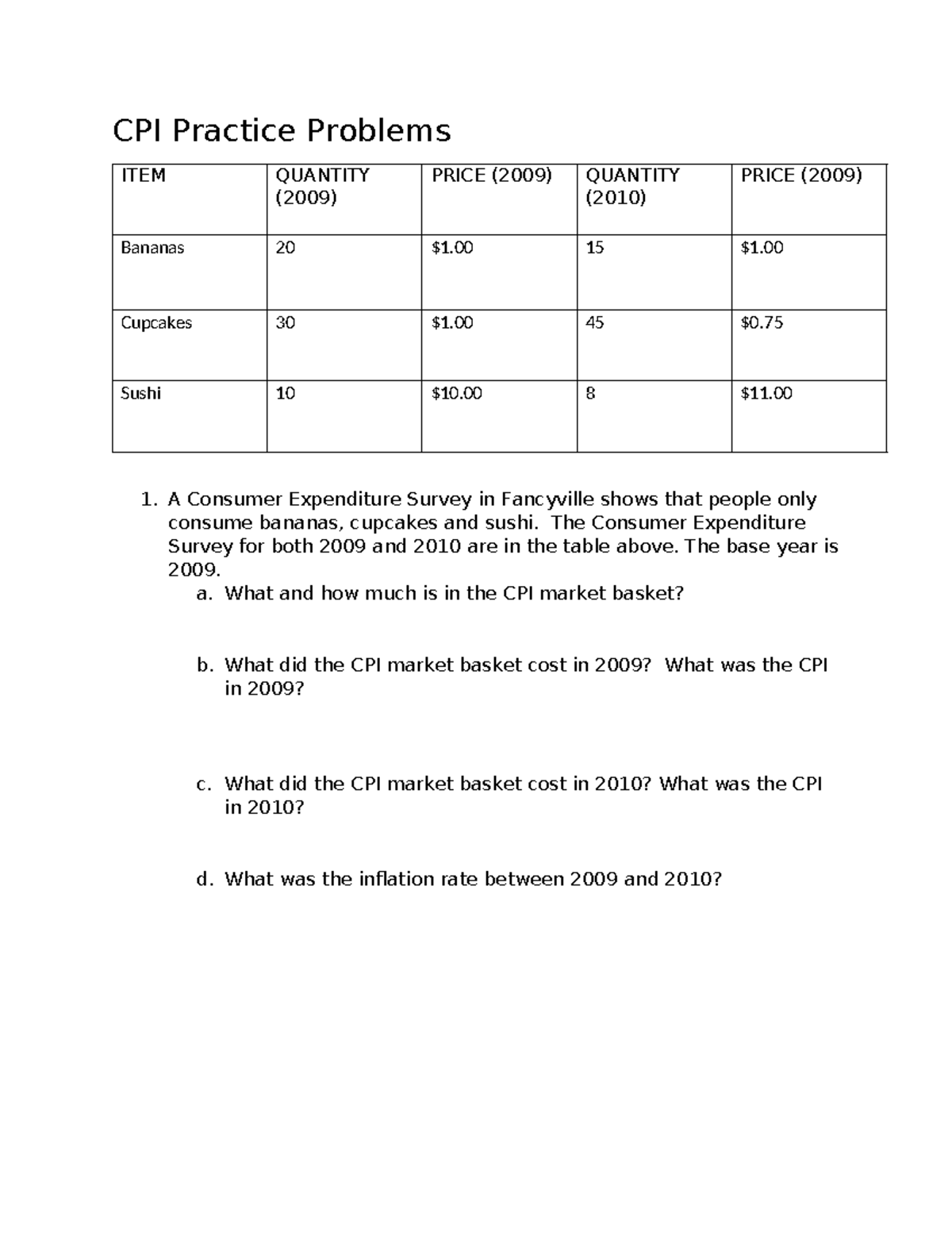 Cpi practice problems - CPI Practice Problems ITEM QUANTITY (2009 ...