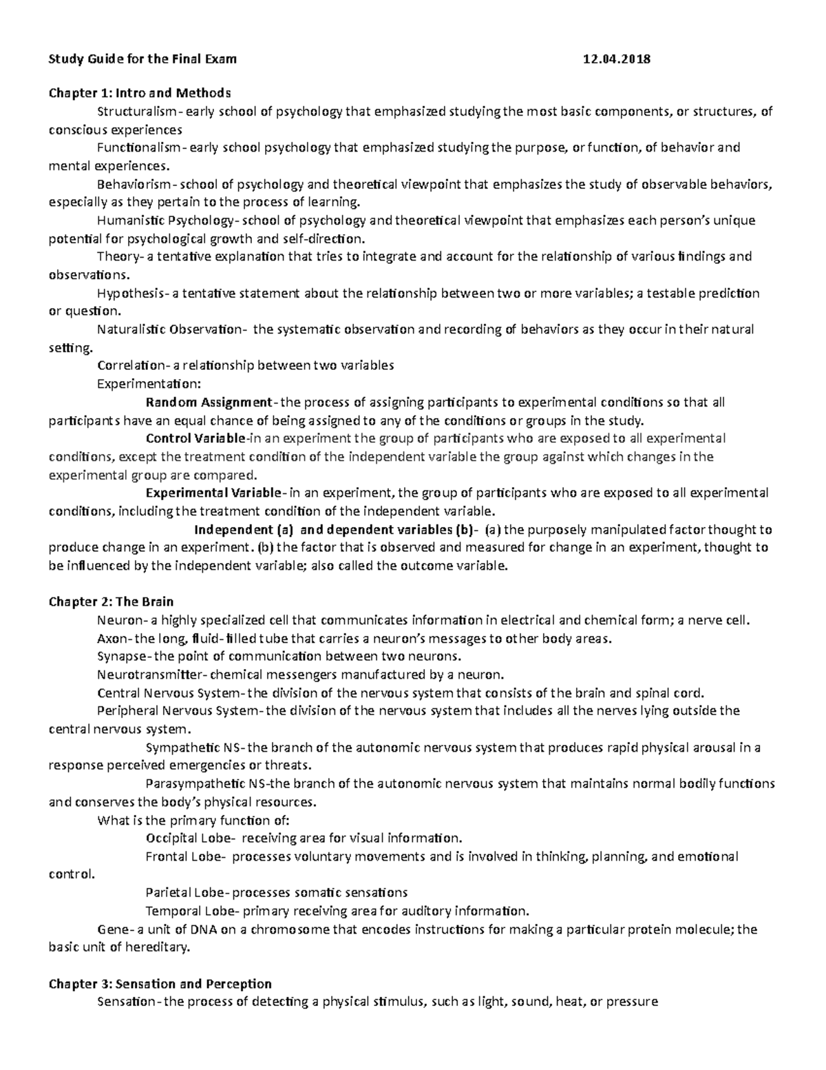 Study Guide for Final Exam PSY 101: Key Concepts & Theories - Studocu