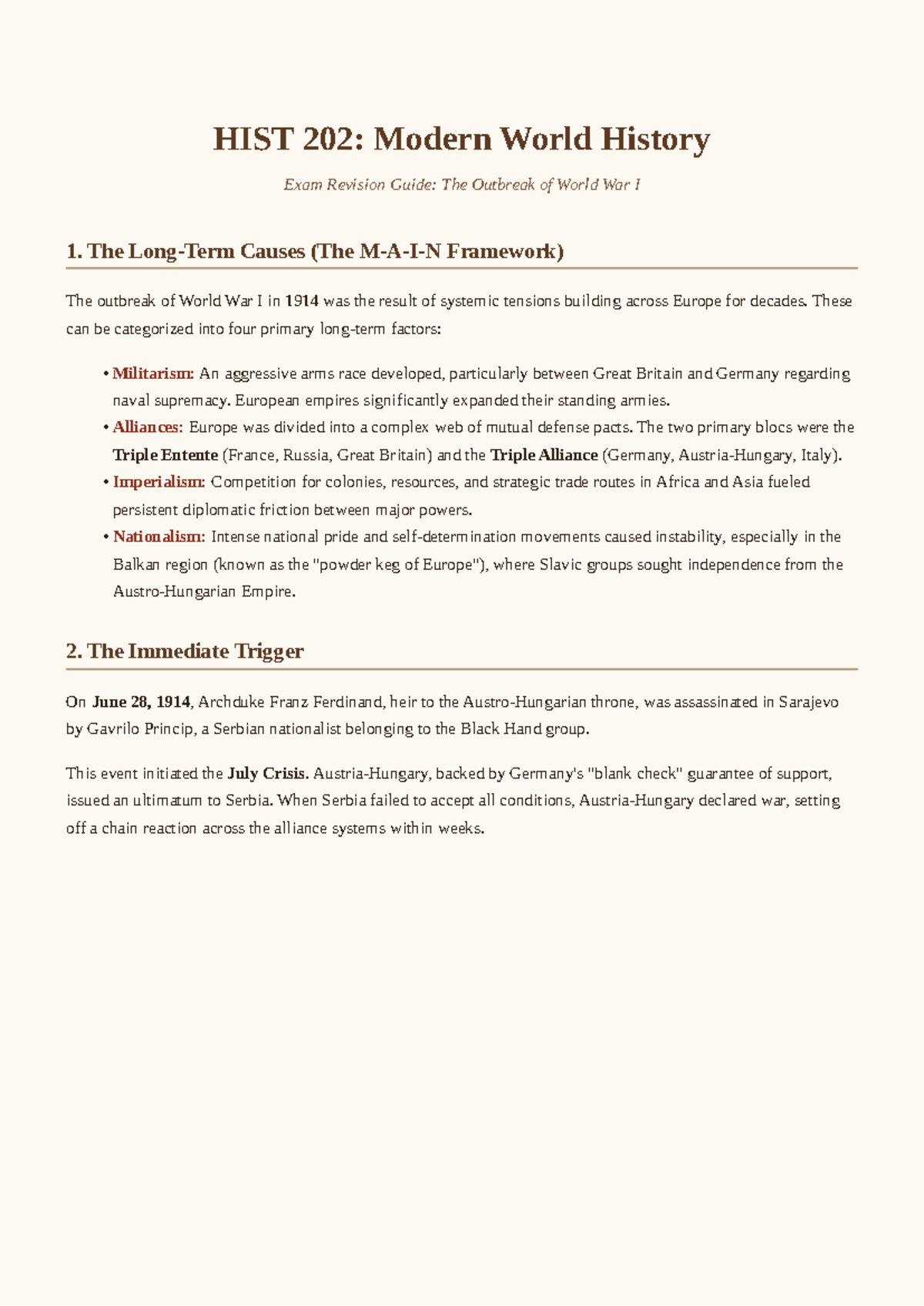 HIST 202: Modern World History Exam Revision - WWI Causes Summary - Studocu