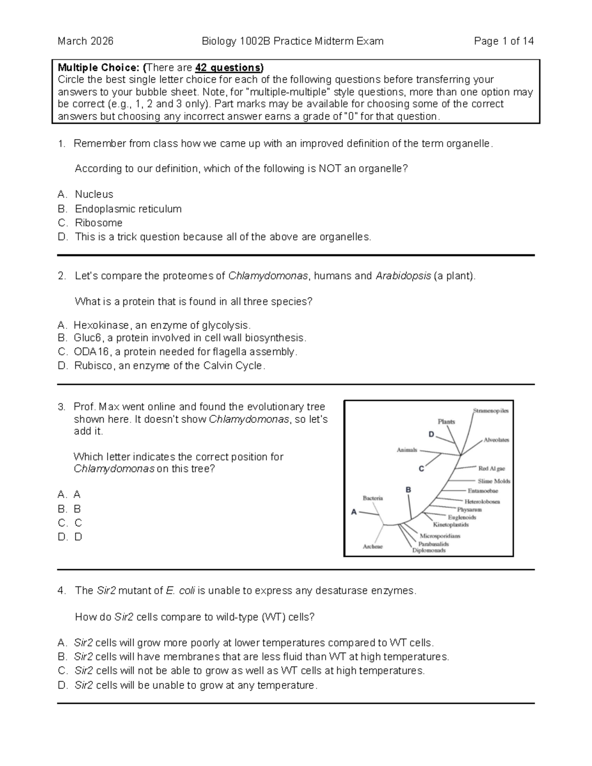 Biology 1002B March 2026 Practice Midterm Exam Questions - Studocu