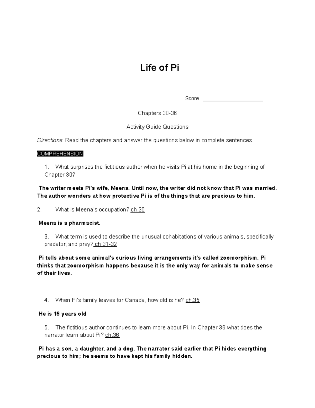 Question 4 Life Of Pi