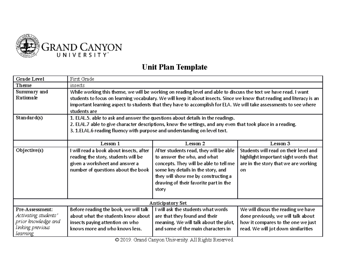 ECE 450 T3 Unit Plan: Exploring Insects for First Grade Students - Studocu
