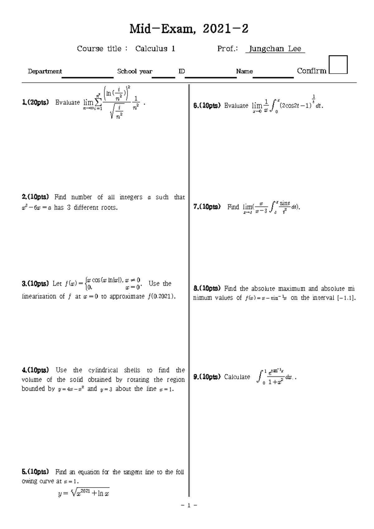 Calculus 1 (2021) Midterm Exam Solutions and Evaluations - Studocu