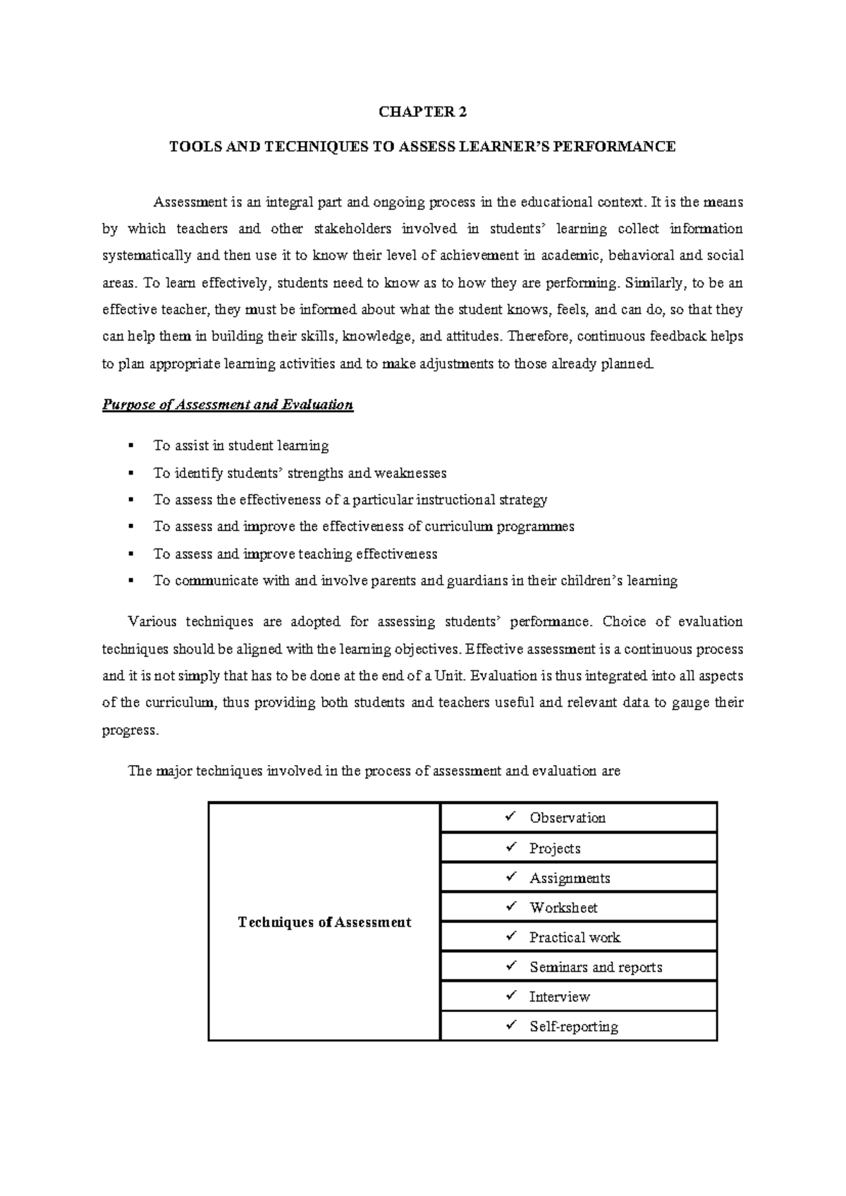 Unit 2: Assessment Tools & Techniques for Learner Performance - Studocu