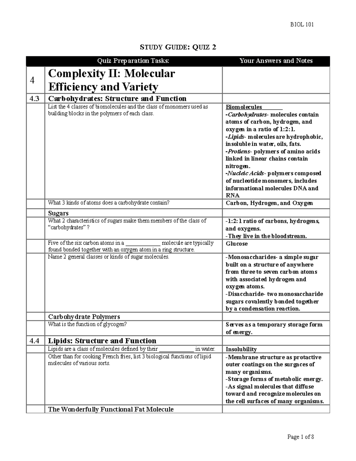 Study Guide Quiz 2: Biomolecules & Cellular Structure Insights - Studocu