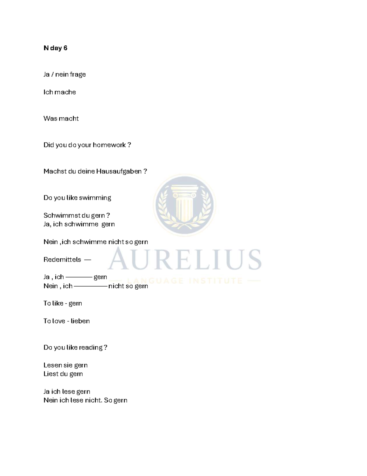 N Day 6 Class Notes: Ja/Nein Questions & Likes/Dislikes - Studocu