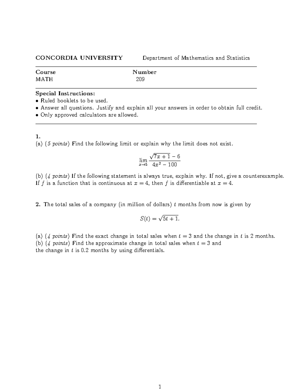 Final exam Sample questions with solutions - CONCORDIA UNIVERSITY ...
