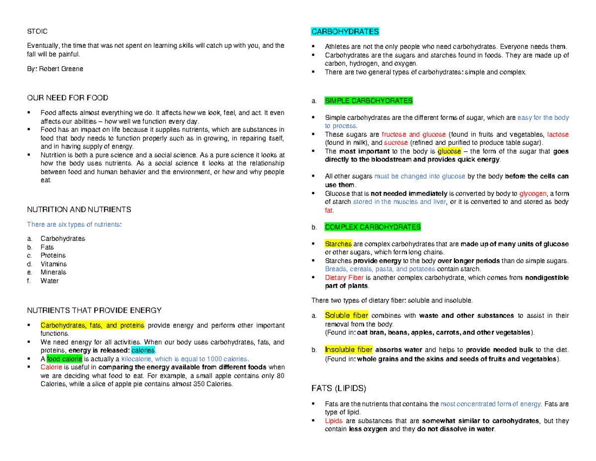 CHO - notes for medsurg - STOIC Eventually, the time that was not spent ...