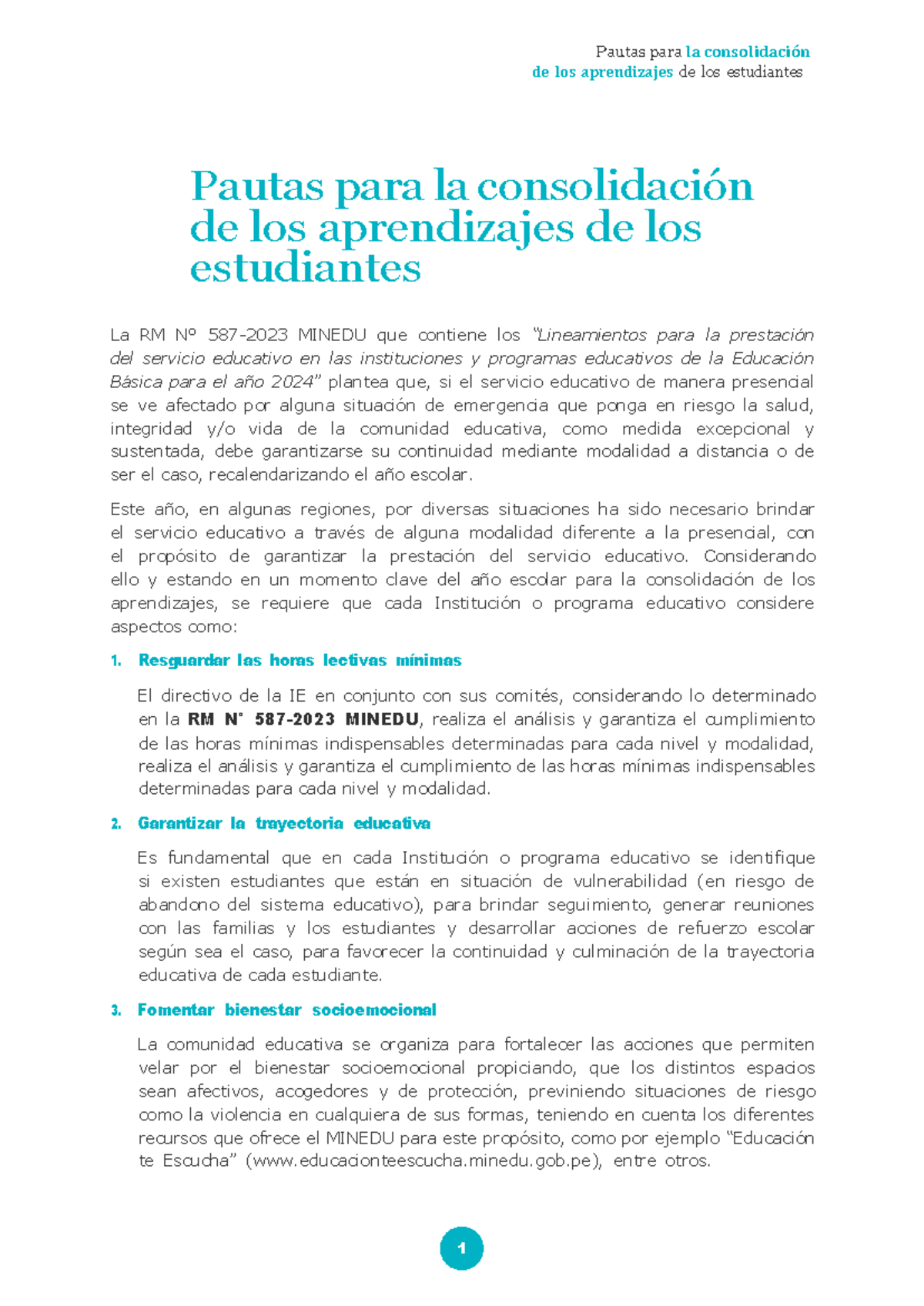 Pautas para la Consolidación de Aprendizajes - RM N° 587 - 2023 MINEDU ...