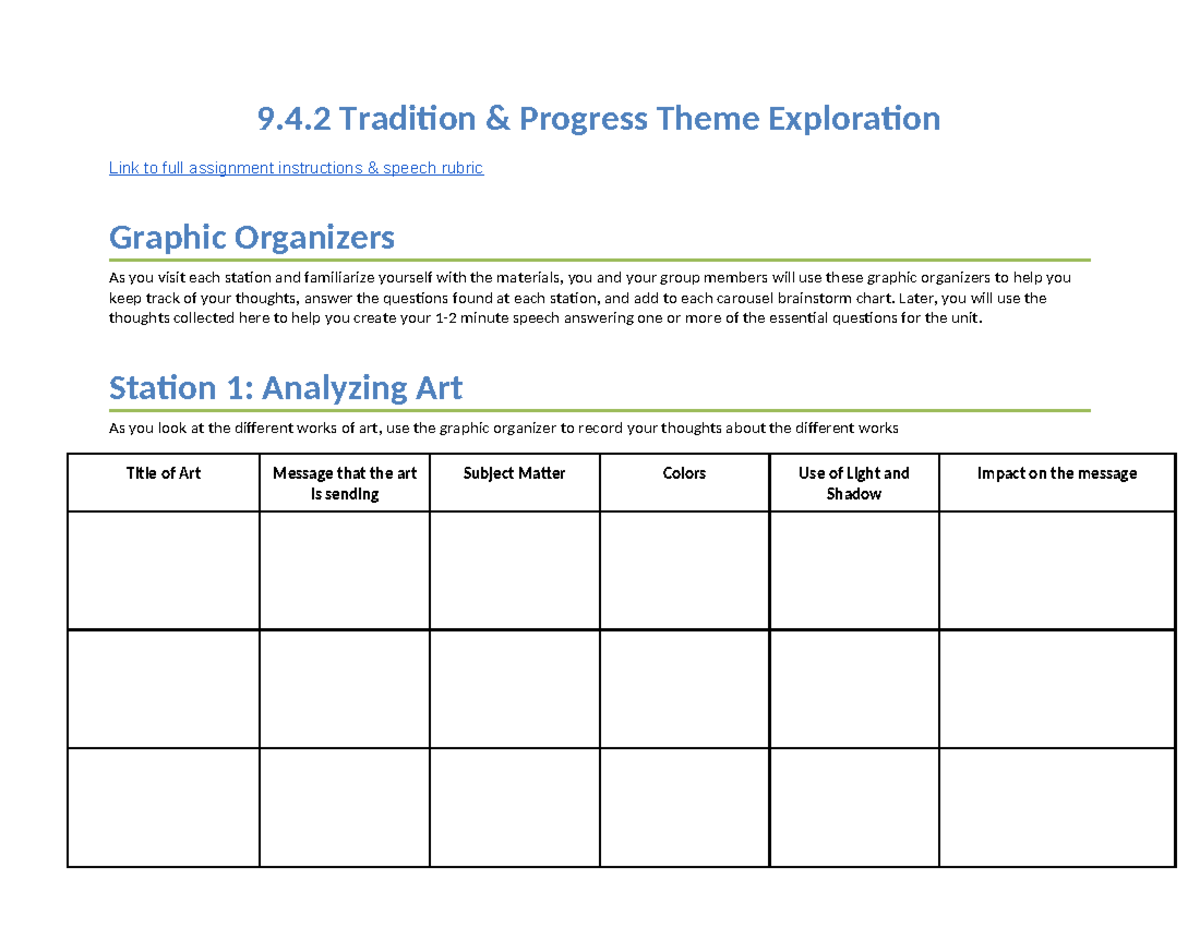 LE 9.4.2 Tradition & Progress Theme Exploration: Graphic Organizers ...