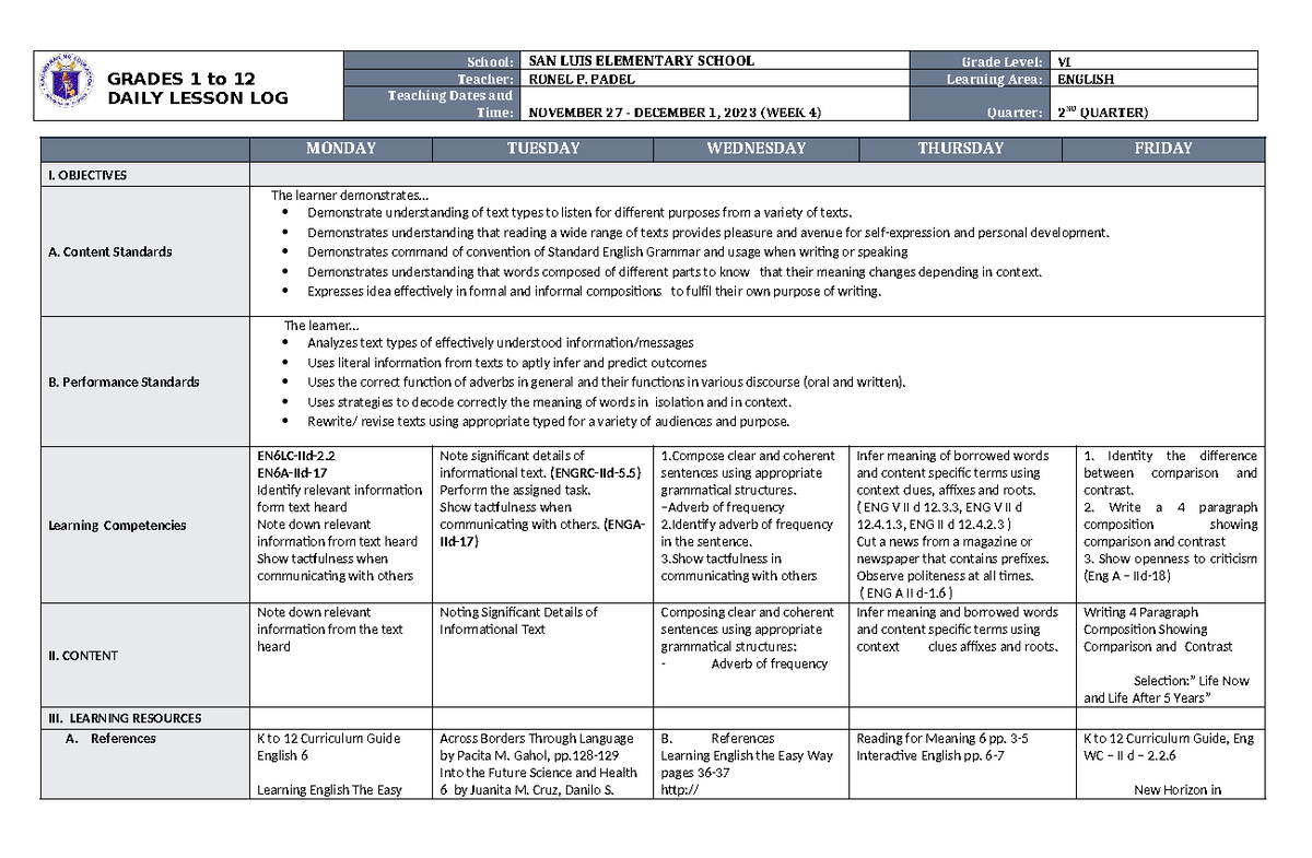 DLL English 6 Q2 W4 - Weekly Lesson Plan Overview and Objectives - Studocu