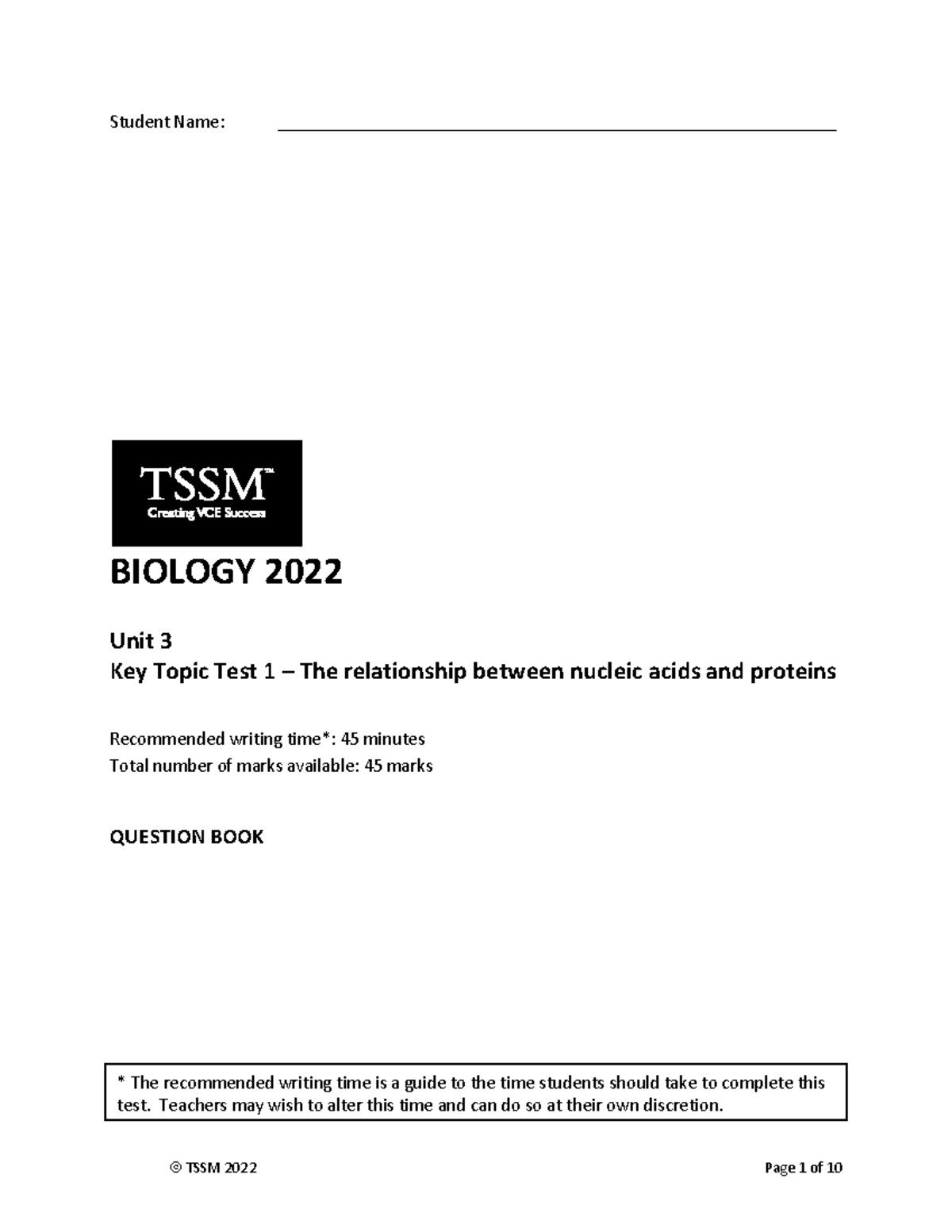 BIOLOGY 2022 Unit 3 Key Topic Test 1: Nucleic Acids & Proteins - Studocu