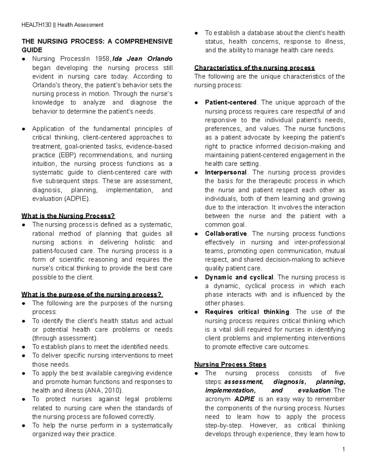 NUR 101: Comprehensive Guide to the Nursing Process (ADPIE) - Studocu