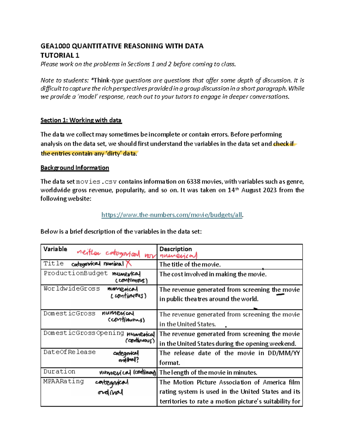QUANTITATIVE REASONING (QR101) TUTORIAL 1: DATA ANALYSIS & ASSIGNMENT ...