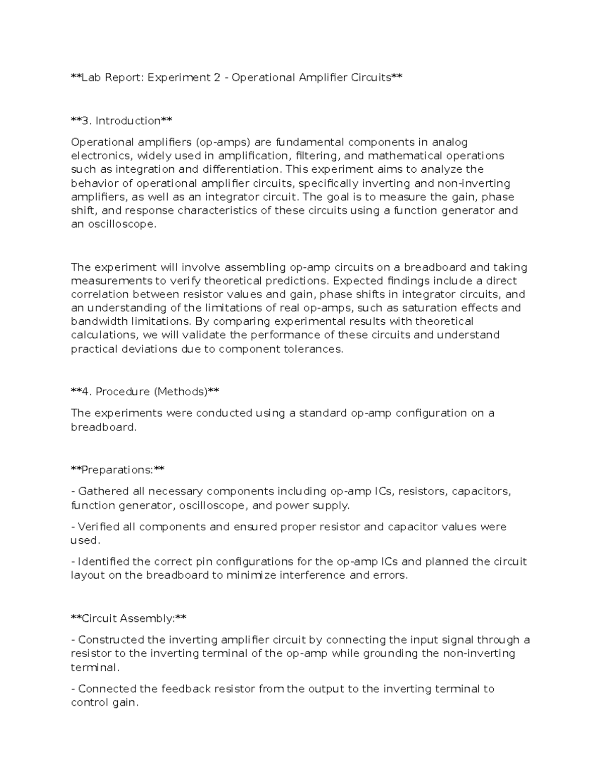 Lab Report 2 273 - Lab Report: Experiment 2 - Operational Amplifier ...