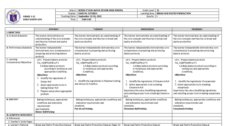 Grade 11 Bread and Pastry Production: Week 4 Daily Lesson Log - Studocu