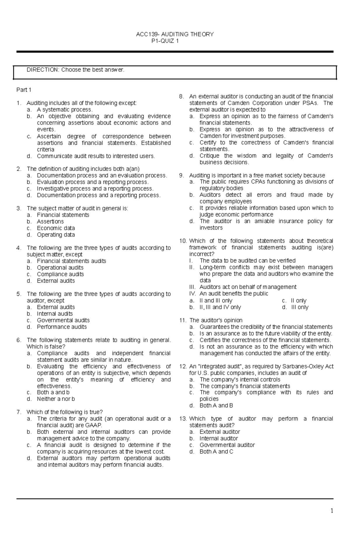 ACC139 P1 QUI 2 Student - Auditing Theory Review Notes - Studocu