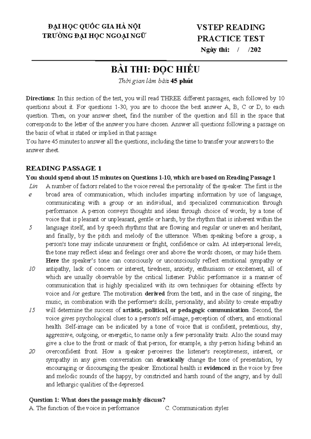 VSTEP READING PRACTICE TEST - ĐỌC HIỂU EXAM HANDOUT 3 - Studocu