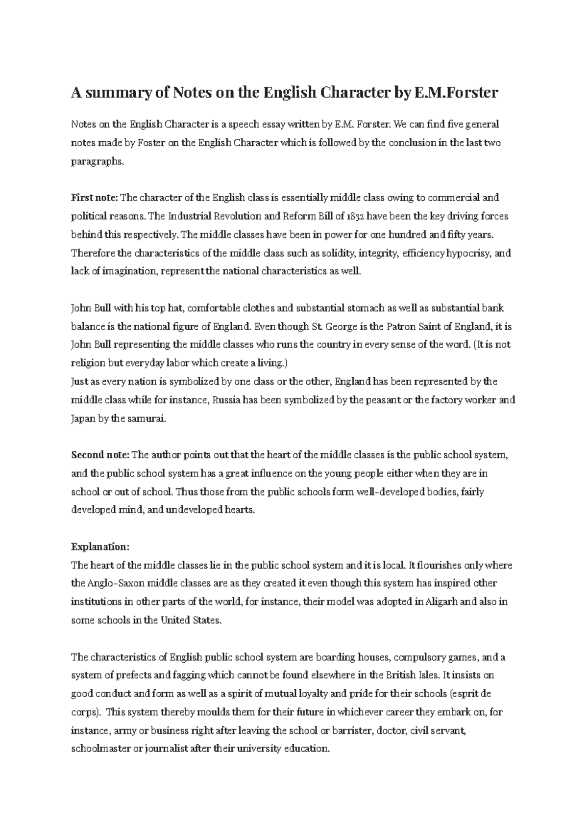 File 4 a summary of notes on the english character by e m forster a