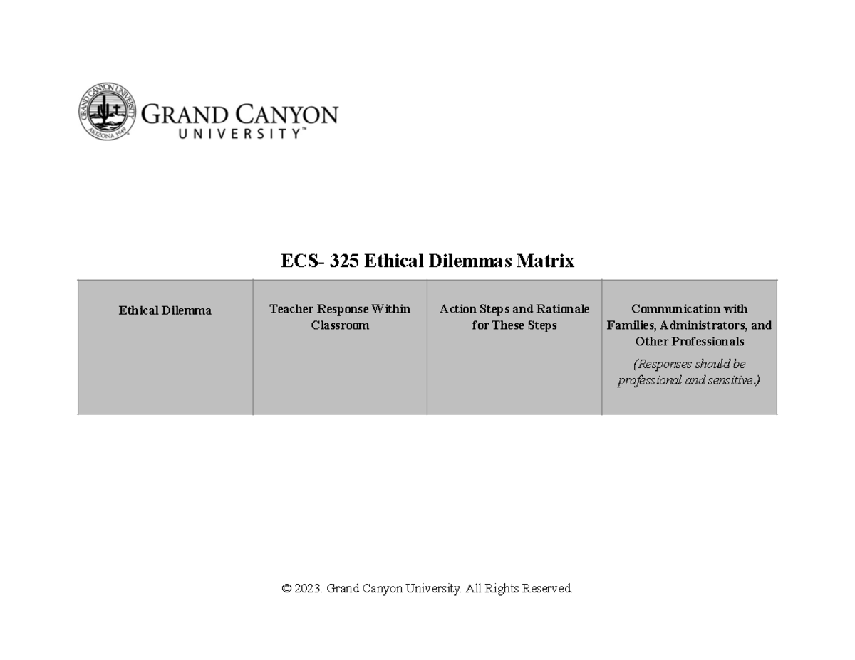 ECE-325 Ethical Dilemmas Matrix: Addressing Classroom Concerns - Studocu