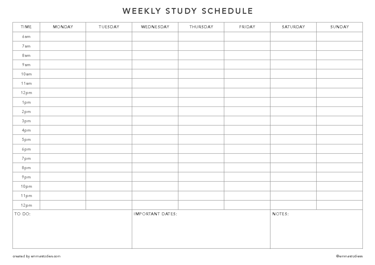 Weekly Schedule with Important Dates and Notes - Studocu