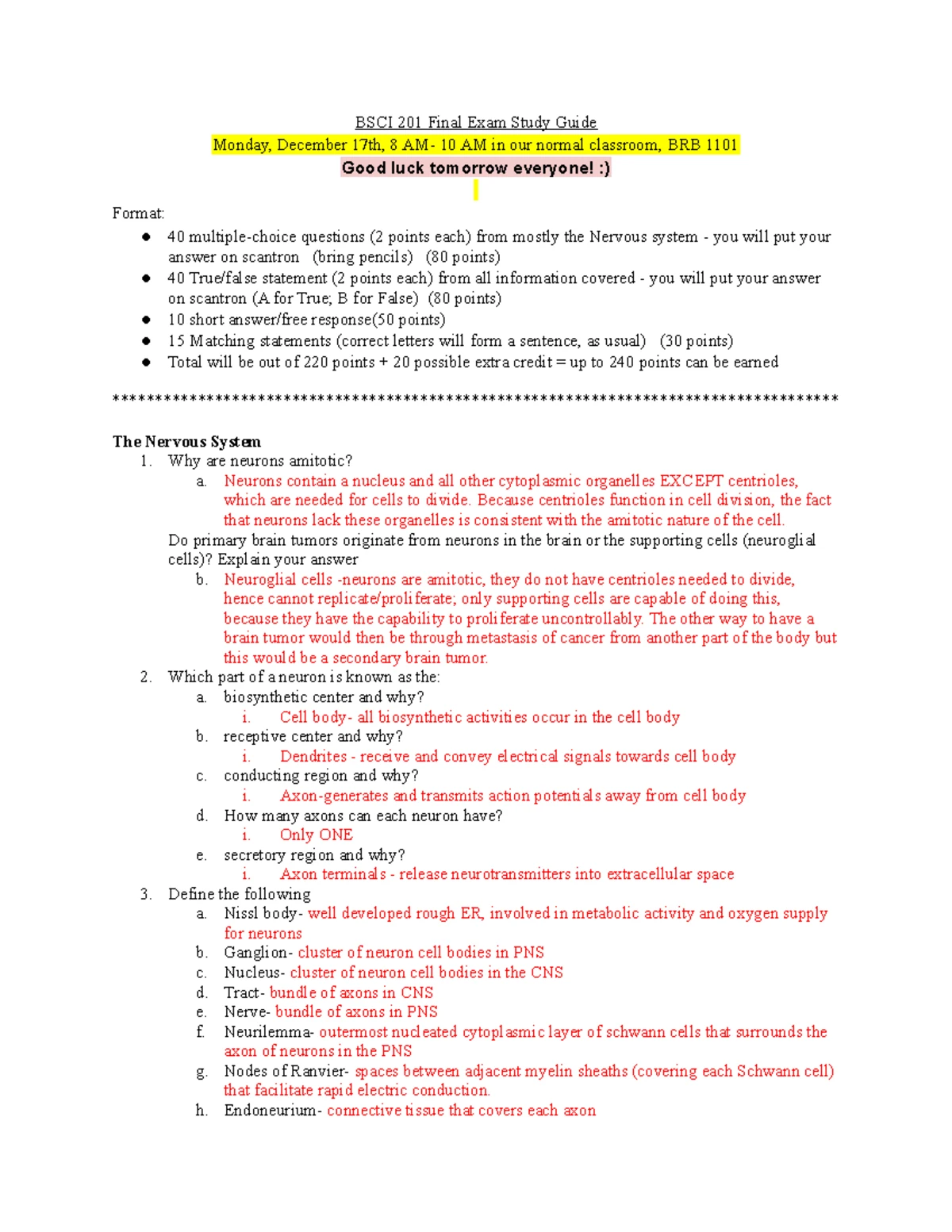 BSCI 201 Exam I Review Guide - BSCI 201 Review Sheet Exam I NOTE: This ...