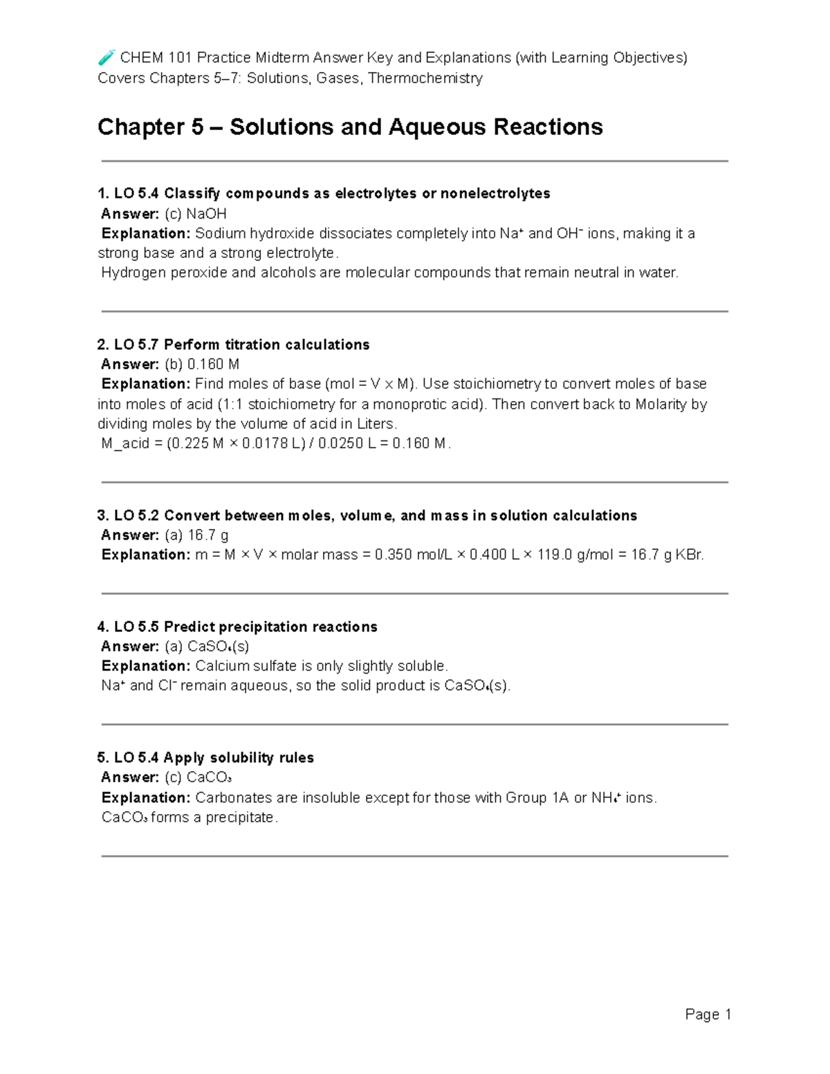 CHEM 101 Practice Midterm 2 Exam Answer Key: Solutions ...