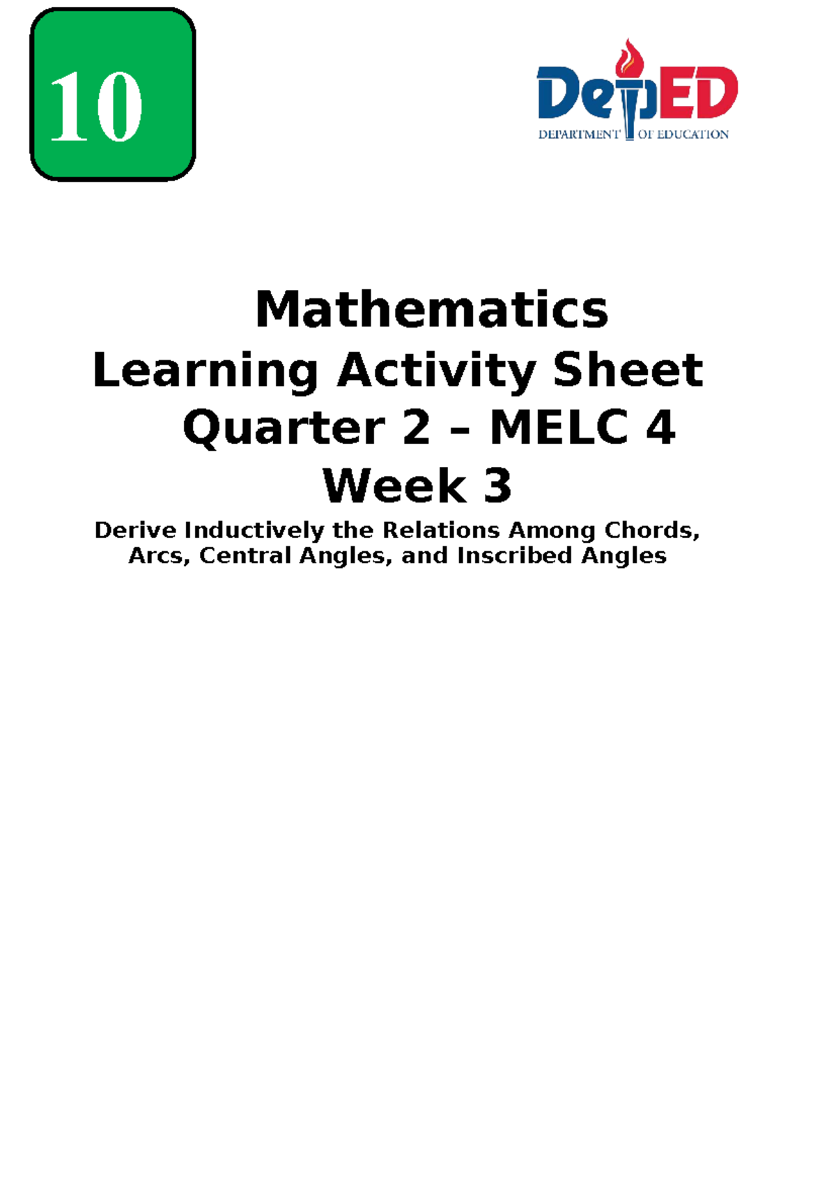 LAS Math 10 Q2 MELC 4 Week 3: Chords, Arcs, and Angles Relations - Studocu