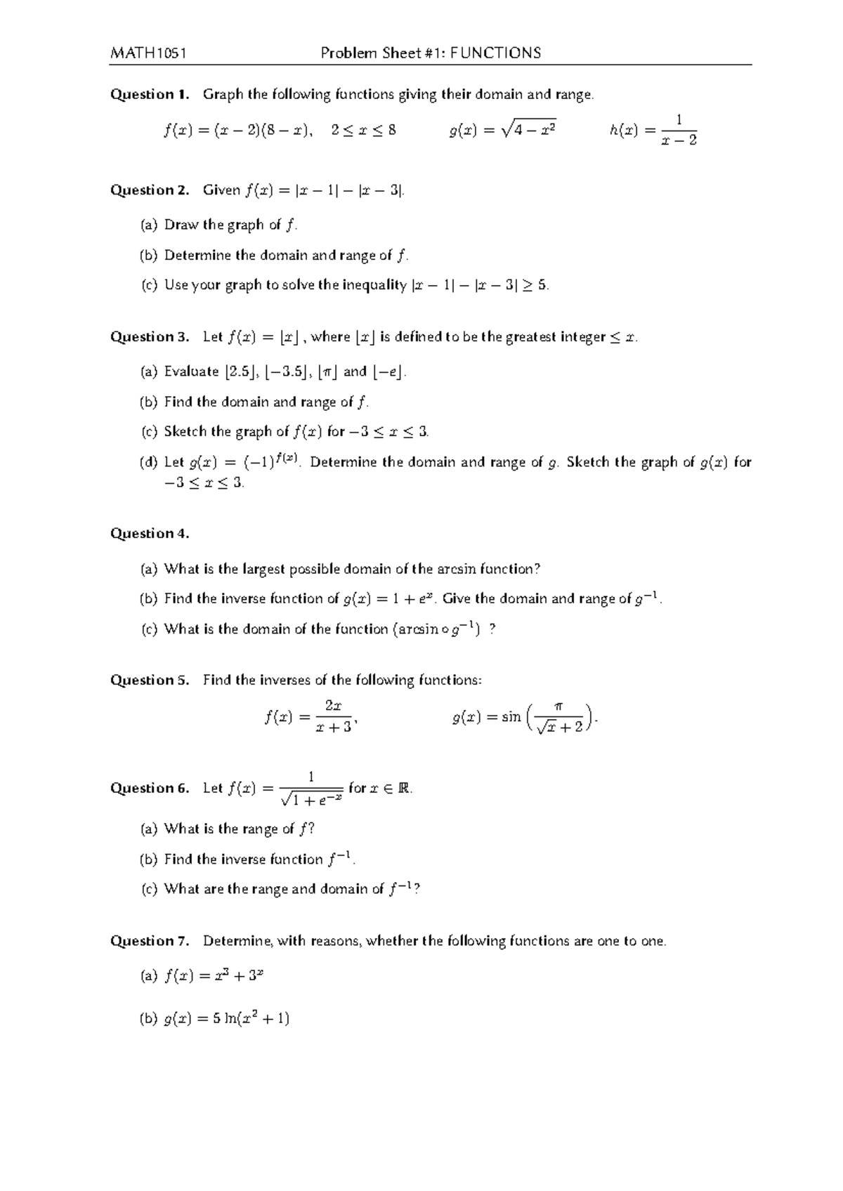 MATH1051 Functions Problem Sheet 2024S2: Graphs & Inverses - Studocu