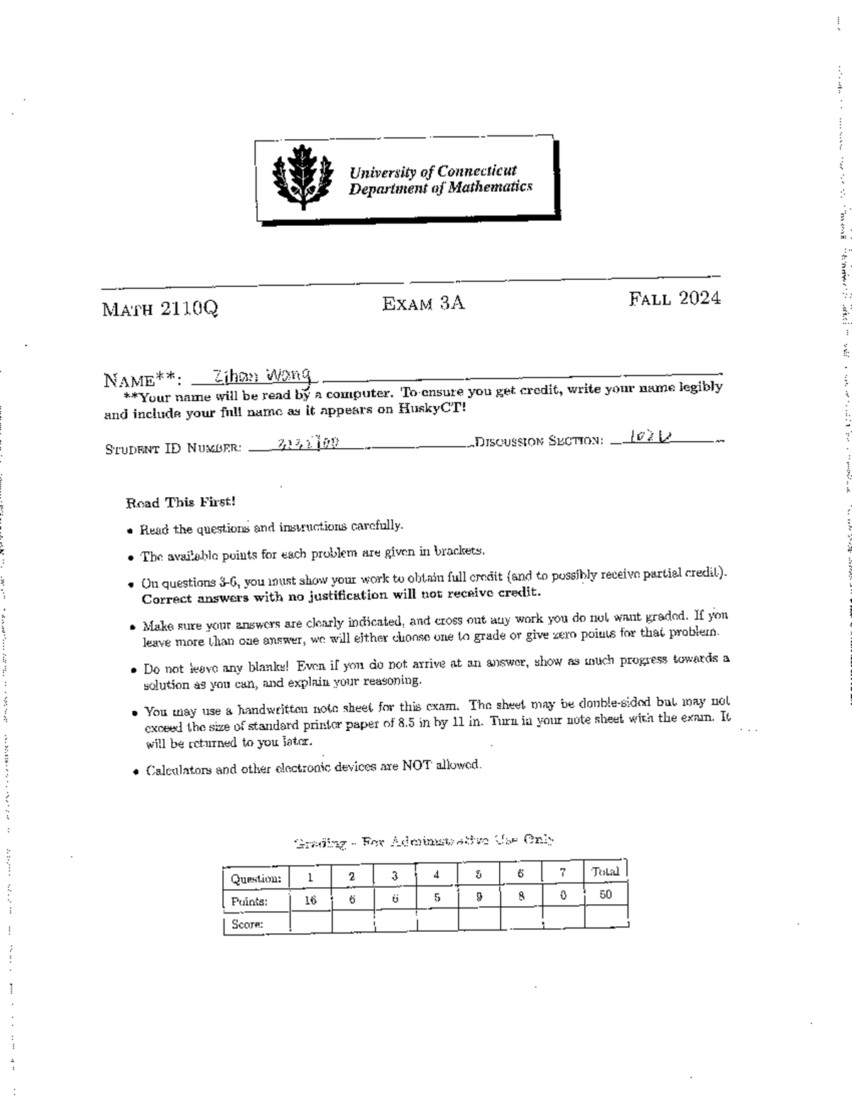 MATH 2110Q Exam 3A Questions - Fall 2024 - Studocu