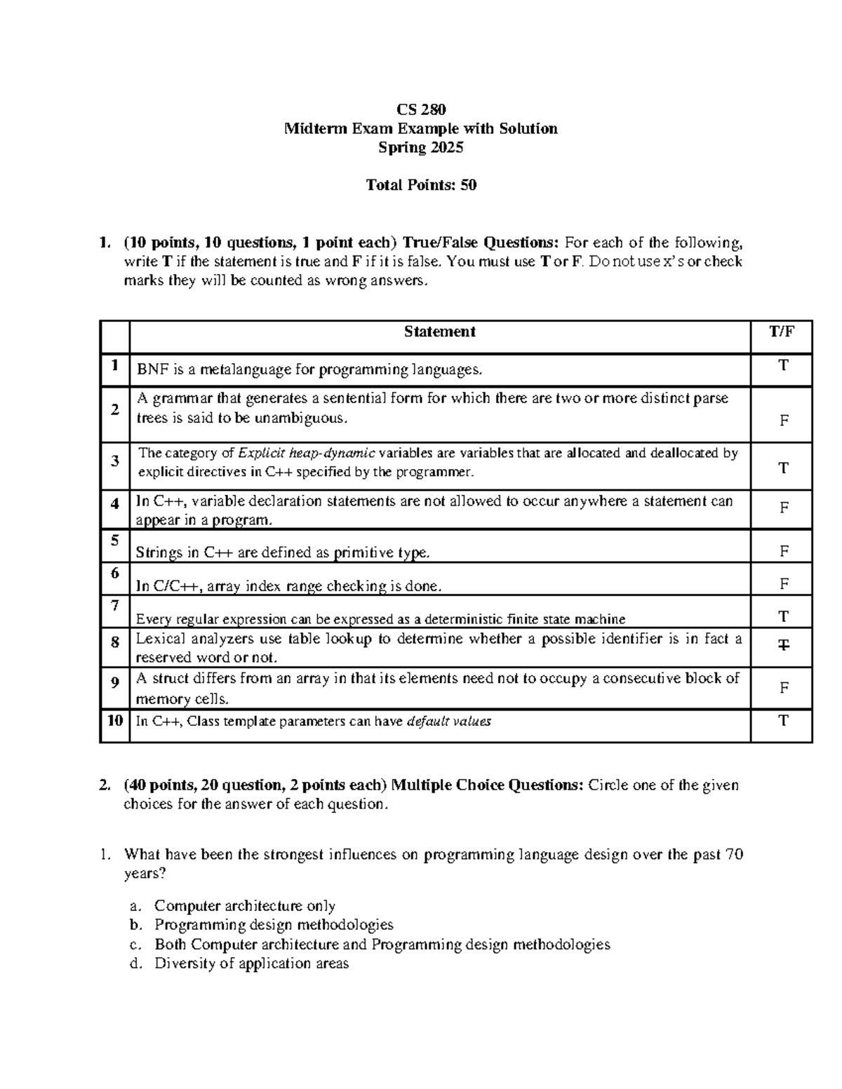 CS 280 Midterm Exam Example & Solutions - Spring 2025 - Studocu
