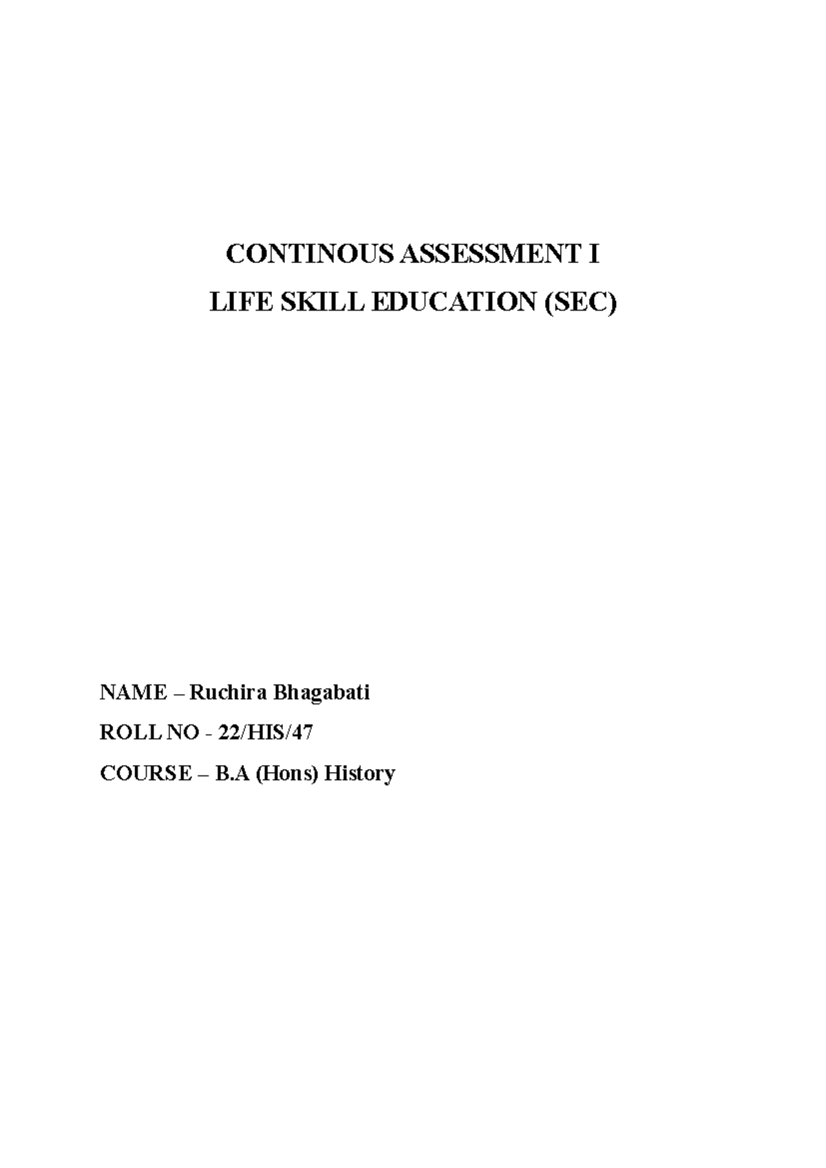 Continuous assessment I for life skill education (SEC) - Studocu