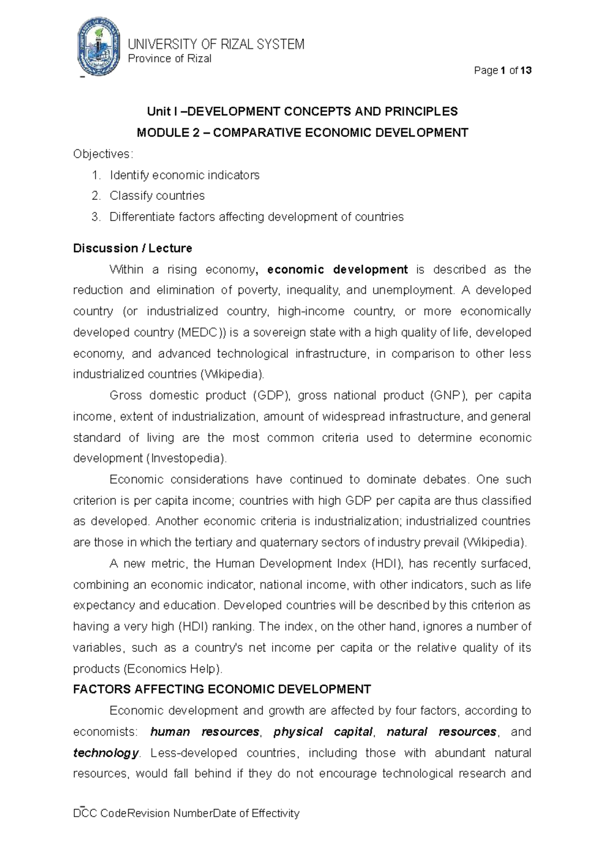 BE 3 ECO DEV - Module 2: Concepts & Principles of Economic Development ...