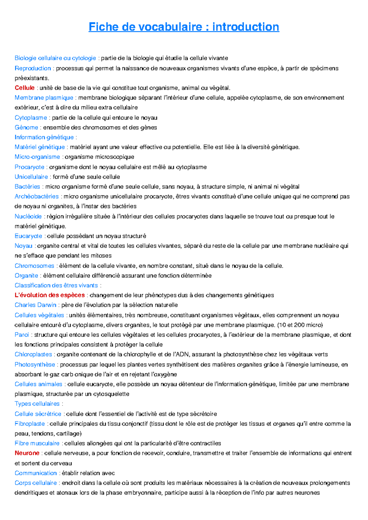 Fiche Voc Intro Fiche De Vocabulaire Introduction Biologie 