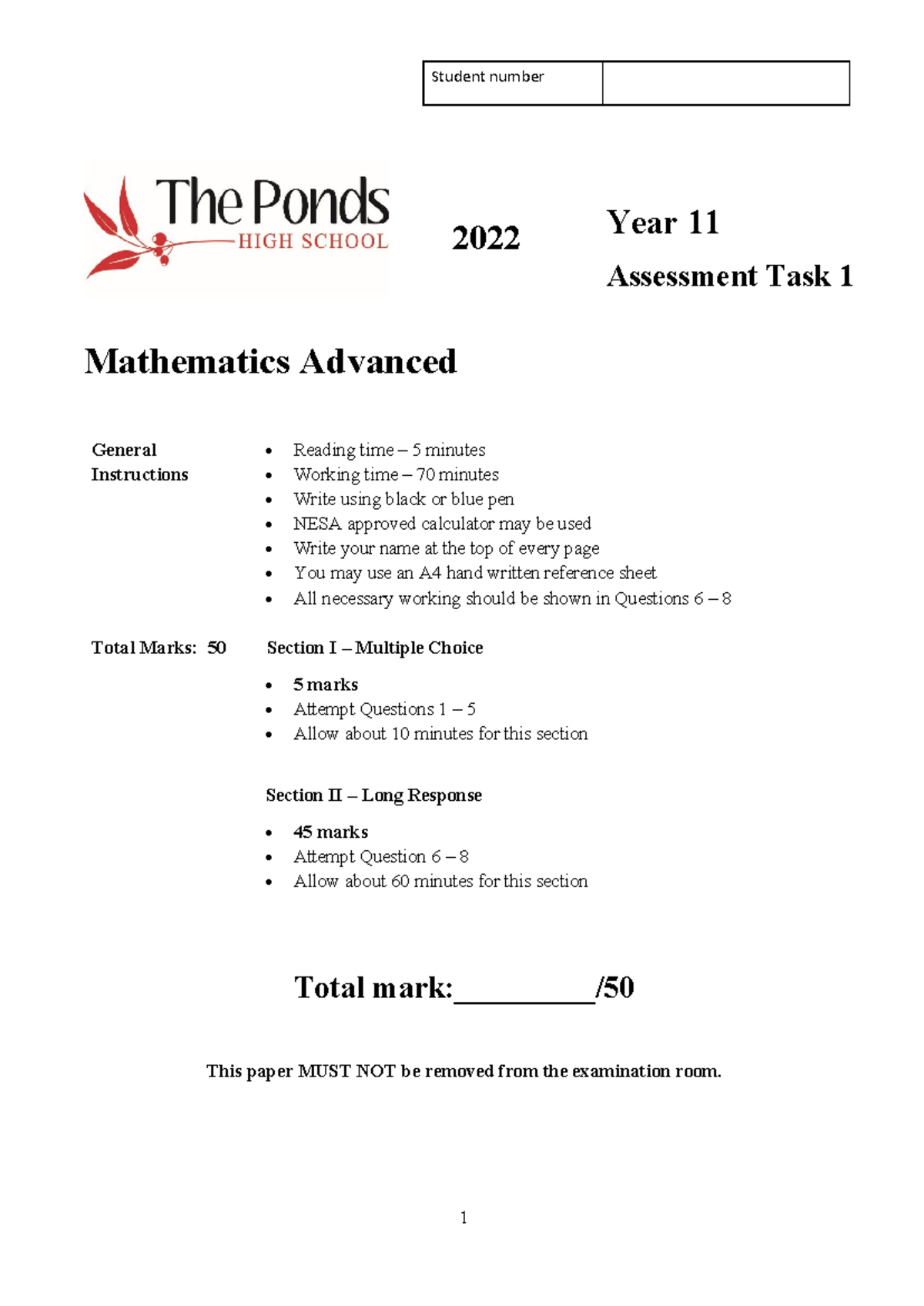 2022 YEAR 11 Advanced TASK 1 Examination - 1 Student number Mathematics ...