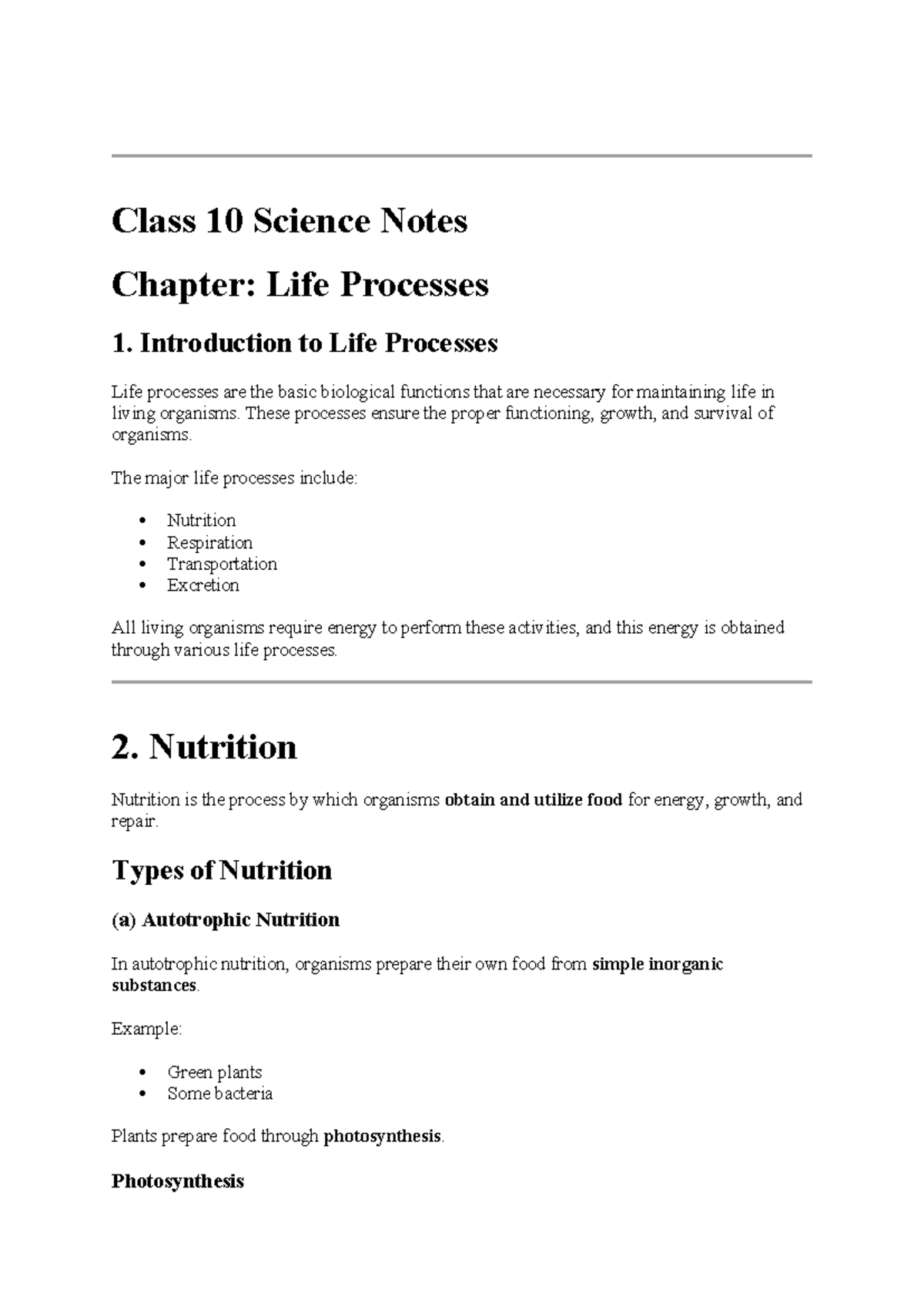 Class 10 Science Notes: Life Processes Overview - Studocu