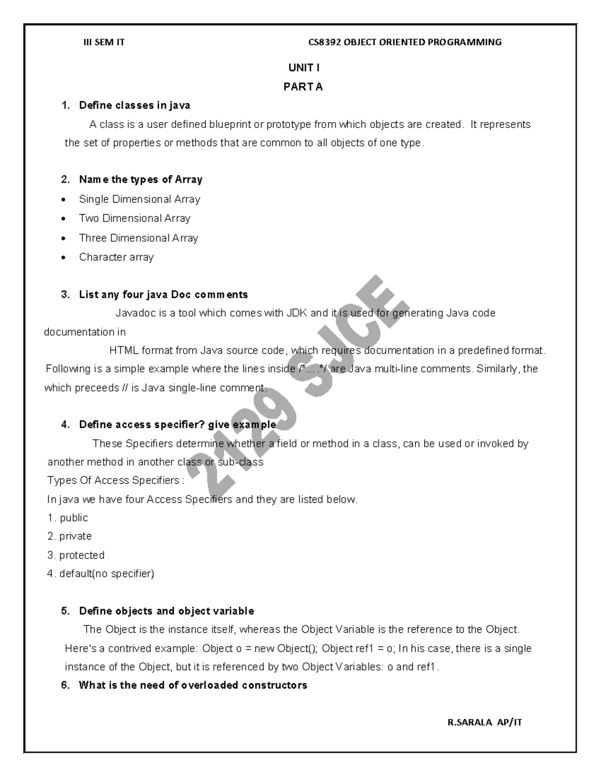 CS8392 OBJECT ORIENTED PROGRAMMING UNIT I & II NOTES - Studocu