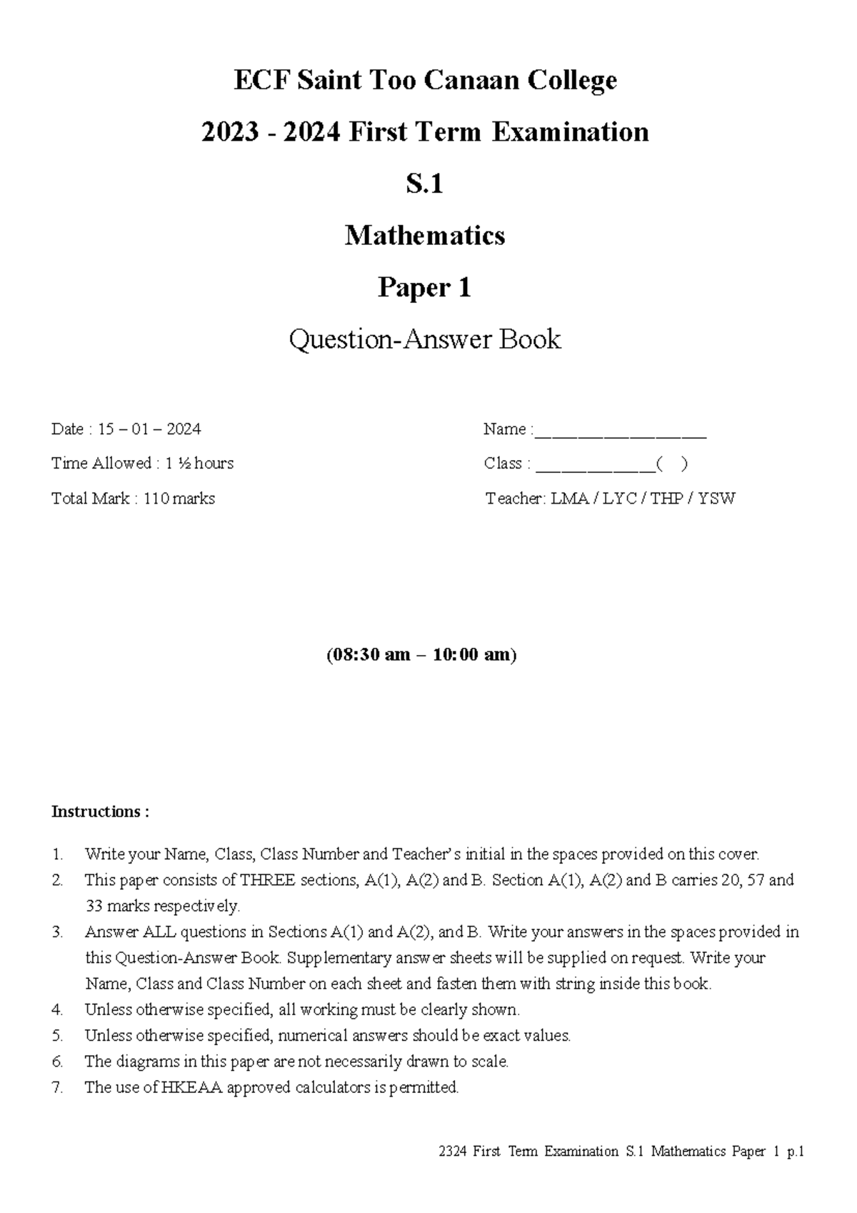 2324 S1 Mathematics 1st Term Exam Paper 1 (LYC) - Studocu