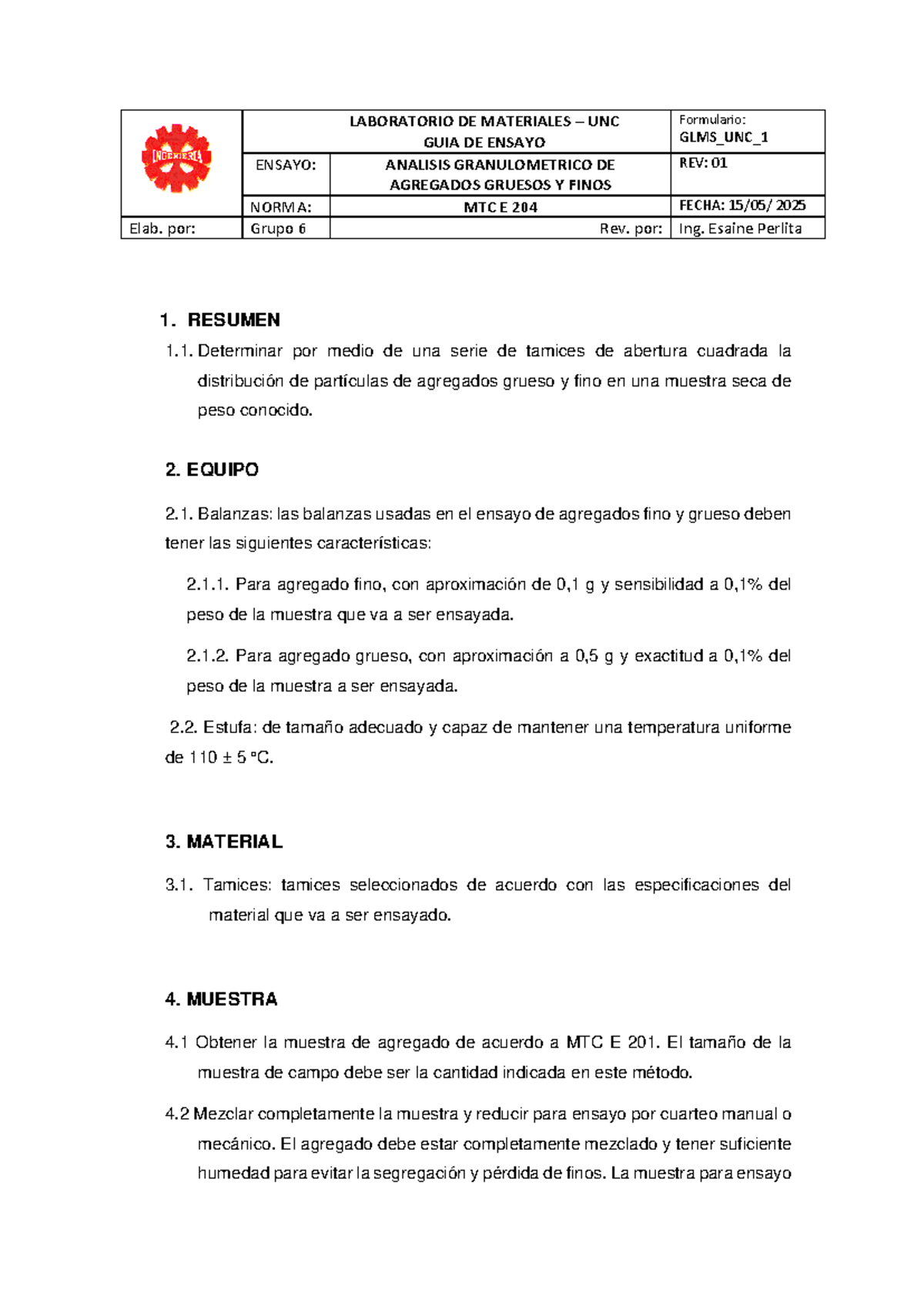 Guía de Ensayo: Análisis Granulométrico de Agregados MTC E 204 - Studocu