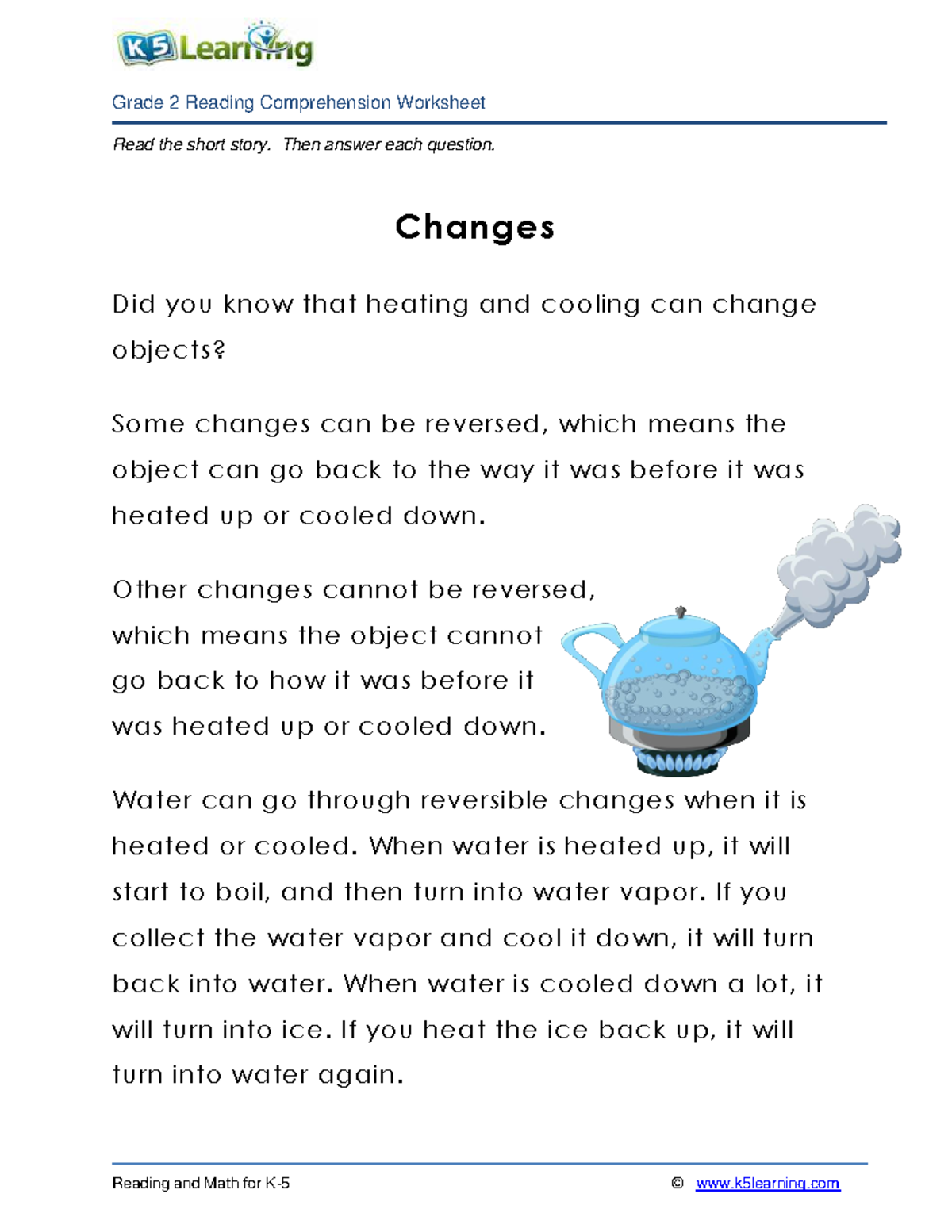 Changes - practice materials for reading - Read the short story. Then ...