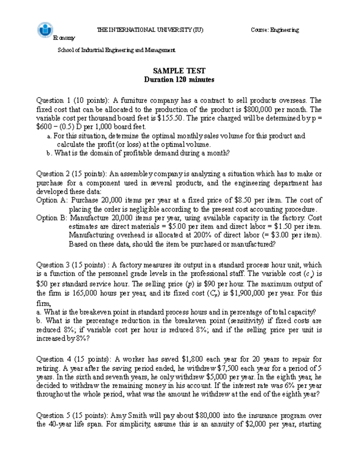 EE Midterm Exam Sample Test & Solutions for Engineering Economy - Studocu