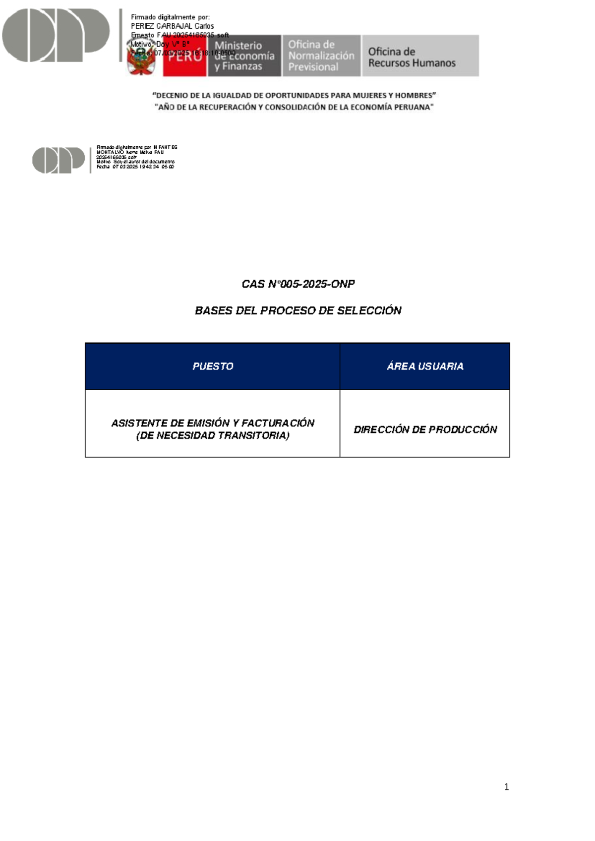 Bases del Proceso de Selección CAS 005: Asistente de Emisión y ...