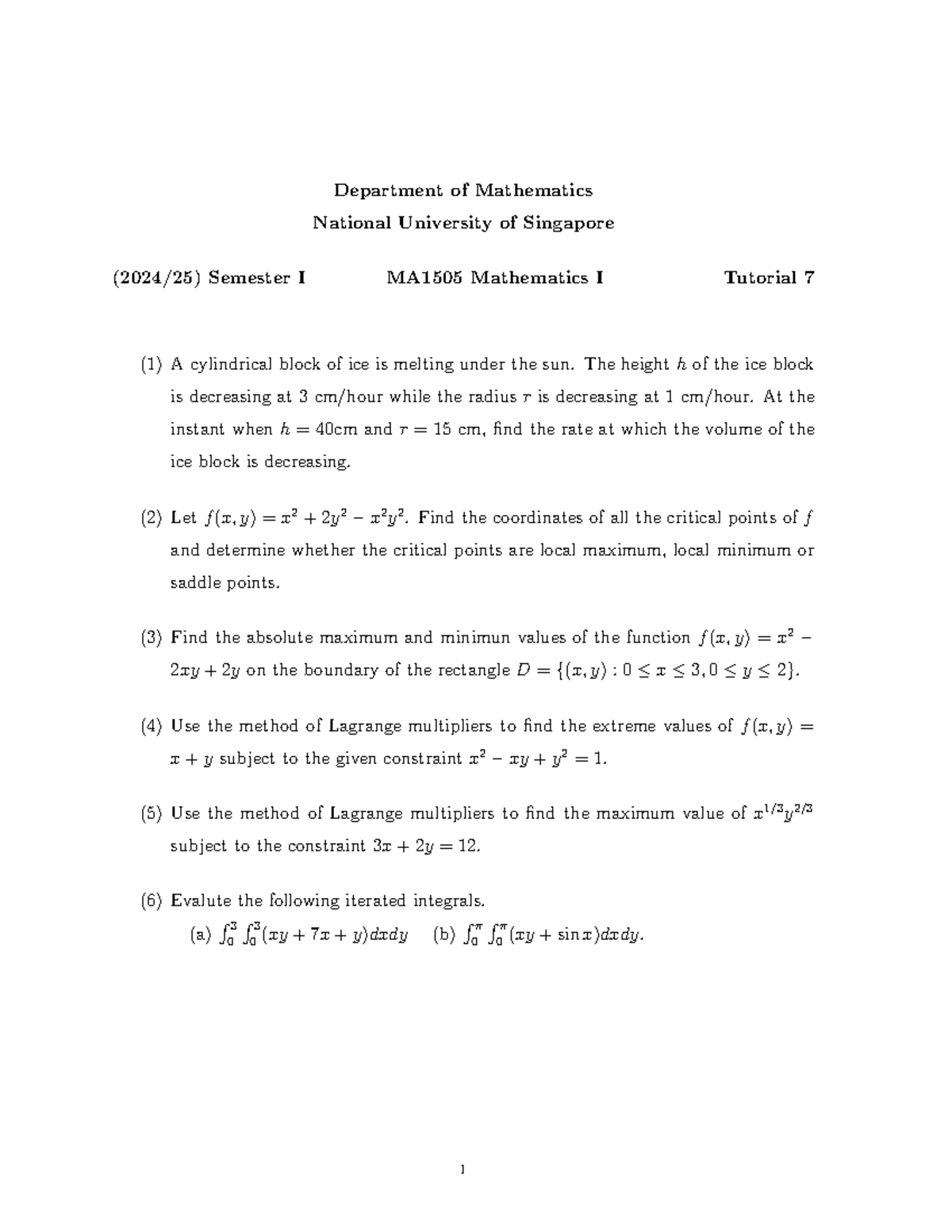 MA1505 Mathematics I Tutorial 7: Volume Rates & Extreme Values - Studocu