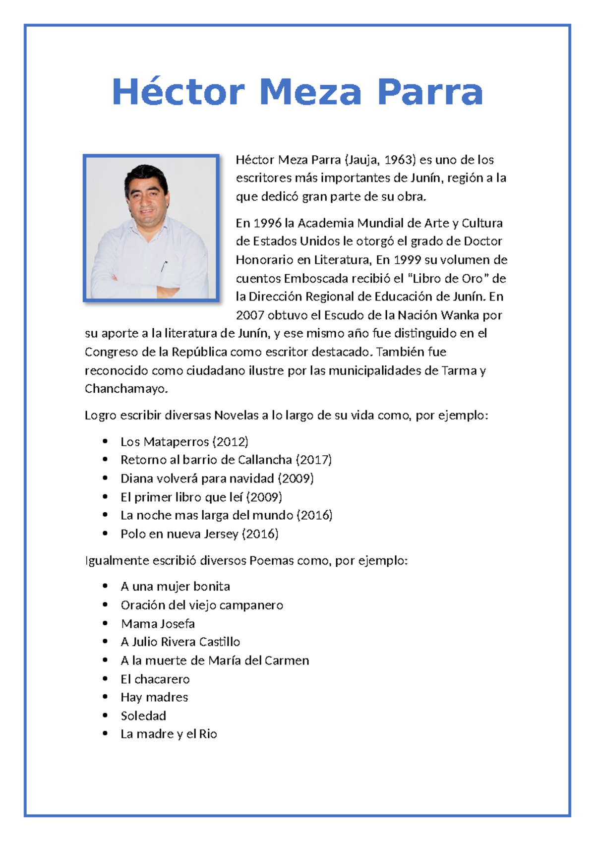 Biografía de Héctor Meza Parra: Escritor Destacado de Junín - Document Preview